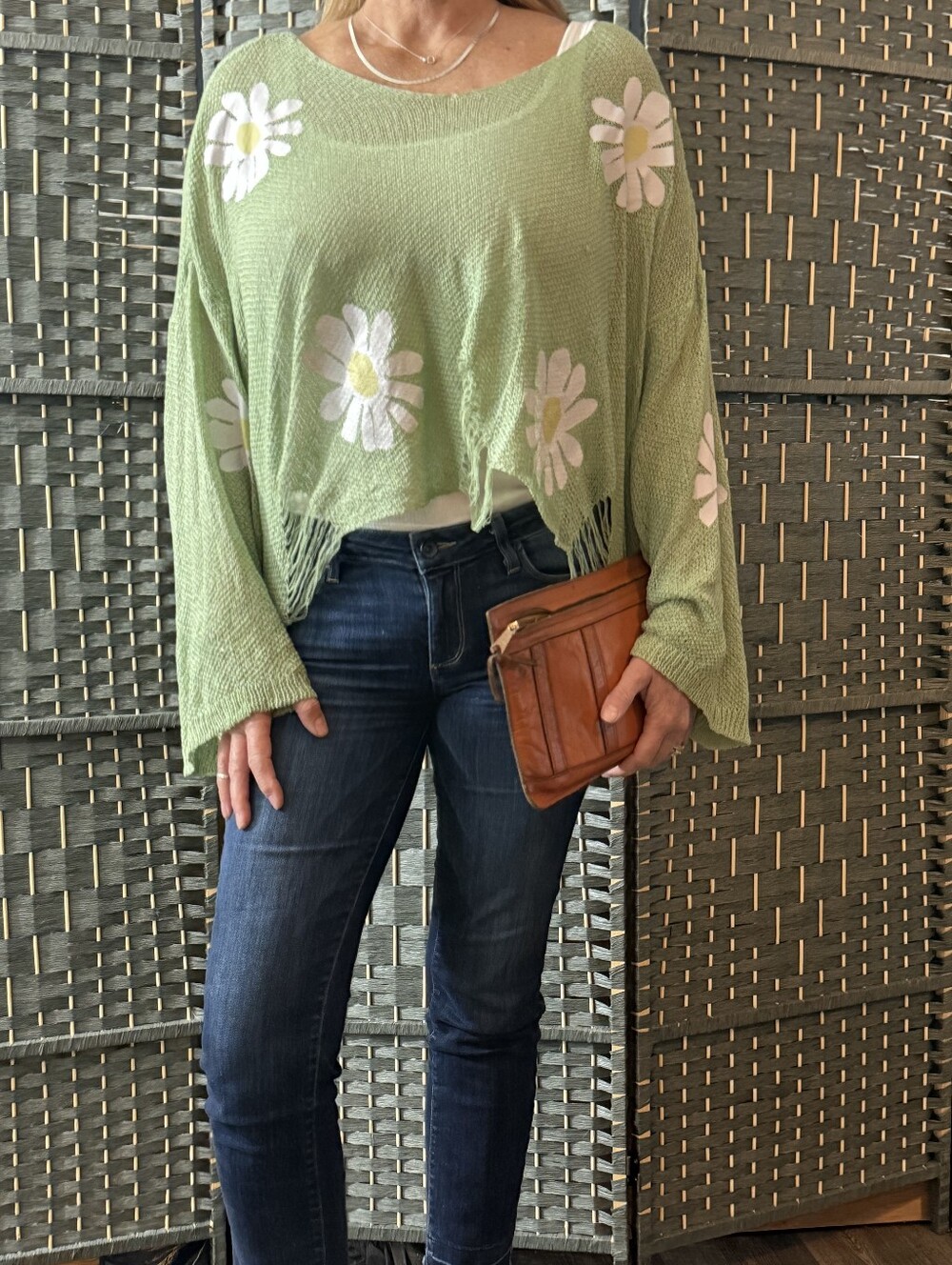 POL Oversized Light Green Distressed Fringe Knit with Daisy Graphic LG